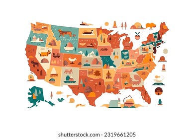 USA map flat cartoon isolated on white background. Vector illustration