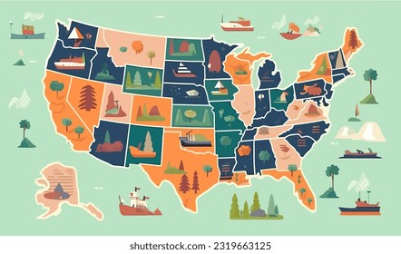 USA map flat cartoon isolated on white background. Vector illustration