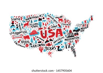 USA Map Flat Hand Drawn Vector Illustration. American States Names Lettering And Cartoon Landmarks, Tourist Attractions Cliparts. US Travel, Trip Comic Infographic Poster, Banner Concept Design