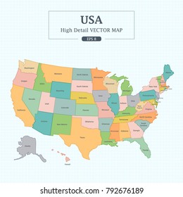 USA Map Full Color High Detail Separated all states Vector Illustration