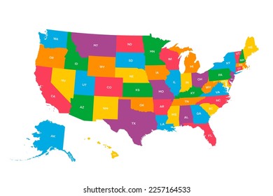 USA map with geographical state borders and state abbreviations. United States of America map. Colorful US map design with state abbreviations. Vector