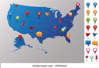 USA Map with GPS Icons. Every state is in its own shape.