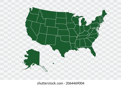 USA Map Green Color on Png Backgound