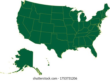 Usa map in green color and yellow border on white background. Vector illustration.
