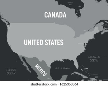 USA map - grey colored on dark background. High detailed political map United States of America and neighboring countries with country, capital, ocean and sea names labeling.