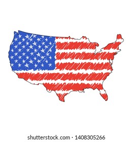 Usa map hand drawn sketch. Vector concept illustration flag, childrens drawing, scribble map. Country map for infographic, brochures and presentations isolated on white background. Vector illustration