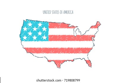 USA map hand drawn sketch. Vector flag, children's drawing.