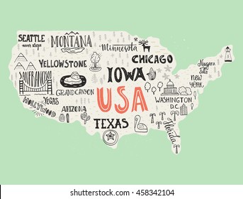 USA map - handdrawn illustration with lettering and symbols of tourist attractions. Creative design element for tourist banner, apparel design, road trip event design.