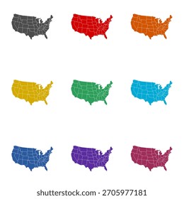USA map icon isolated on white background. Set icons colorful