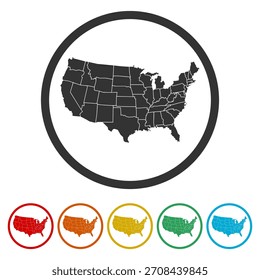 USA map icon. Set icons in color circle buttons