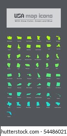 USA map icon set. region icons of USA. blue and green color