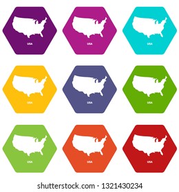 Usa map icons 9 set coloful isolated on white for web