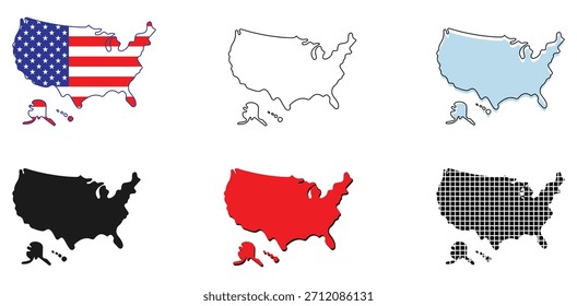 USA map icons set showing multiple styles with outline, solid, flag fill and variations including Alaska and Hawaii for clear geographic representation.