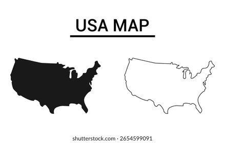 USA map illustration featuring a solid black silhouette and a line art version. Simple and clean design.
