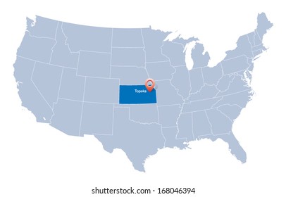 USA map with the indication of State of Kansas and Topeka town