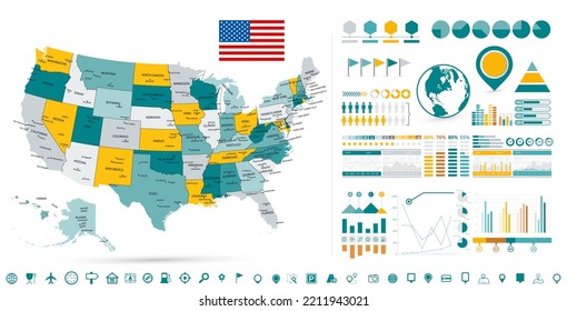 USA Map and Infographic design elements. Business template in flat style for presentation, booklet, website and other creative projects. 