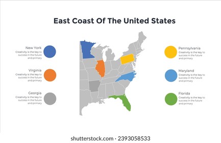 USA-Karte Infografik. Präsentation verschieben. Vereinigte Staaten von Amerika. Weltweites Unternehmensmarketing-Konzept. Farbland. Infografik-Daten zum weltweiten Transport. Vorlage für die Wirtschaftsstatistik.