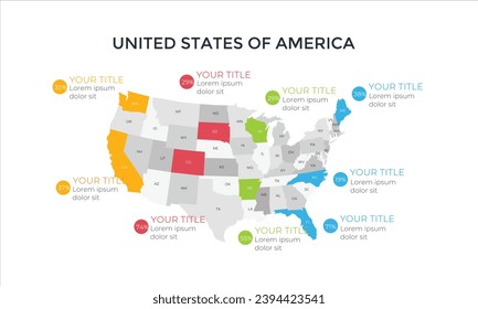 USA map infographic. Slide presentation. United States of America. Global business marketing concept. Color country. World transportation infographics data. Economic statistic template.