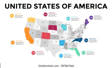 infografía de mapas de EE.UU. Presentación con diapositivas. Estados Unidos de América. Concepto de marketing comercial global. País de color. Datos de infografías del transporte mundial. Plantilla estadística económica.
