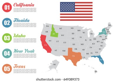 USA map infographic. Slide presentation. USA states business marketing concept. Color states