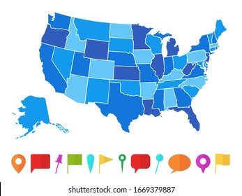 Usa Map. Infographic Us Country Map With Multi-colored States And Pins, Topographic Info Outline Road, Travel Poster Vector Illustration