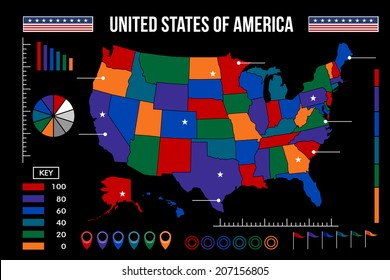 USA Map Infographic Vector Illustration With Symbols Like Location And Key Data.  