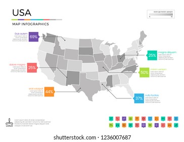  infografías de mapas de EE.UU. con capas separadas editables, zonas, elementos y área de distrito en el vector