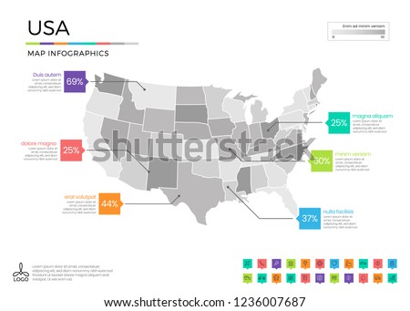  USA map infographics with editable separated layers, zones, elements and district area in vector