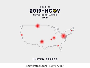 USA Map infographics, Localization of the outbreak of Virus Covid 19. Novel Coronavirus (2019-nCoV). China pathogen respiratory coronavirus 2019-nCoV. nCoV denoted is single-stranded RNA virus.