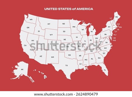 USA Map initial States. Poster map of United States of America. Infographic graphic design print map of USA states on Red background