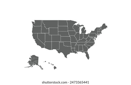 USA map isolated on white background. for website layouts, background, education, precise, customizable, Travel worldwide, map silhouette backdrop, earth geography, political, physical.