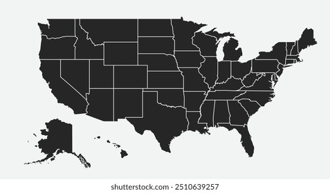 Mapa de EE.UU. aislado en el fondo blanco. Mapa de los Estados Unidos de América. Mapa de Plantilla de Vector de EE.UU.
