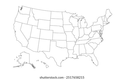 USA map isolated on white background. Outline United States of America map. Blank US map template. Vector illustration