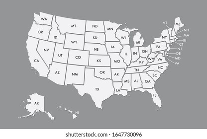 USA map land area vector with state names on black background illustration