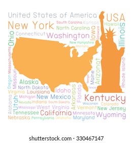 USA map and Landmark, Statue of liberty, color.