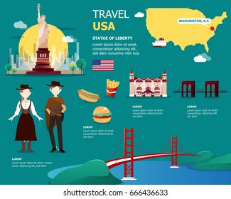 USA map and landmarks for traveling in United State of America illustration design