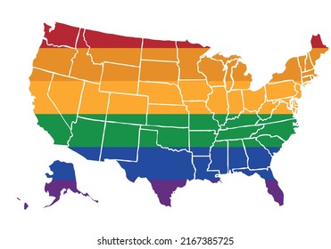 USA map with lgbtiq+ pride flag.