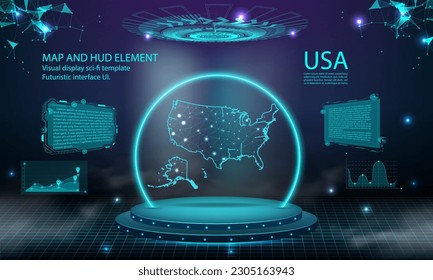 usa map light connecting effect background. abstract digital technology UI, GUI, futuristic HUD Virtual Interface with usa map. Stage futuristic podium in fog.