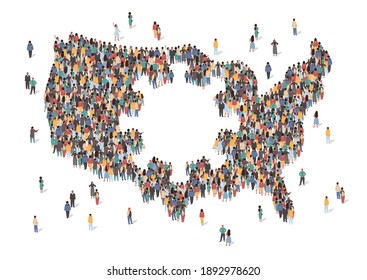 USA map made of many people. Map of United States of America with coronavirus in the center. Covid corona virus pandemic in US, concept vector illustration. Group of people stay in formation