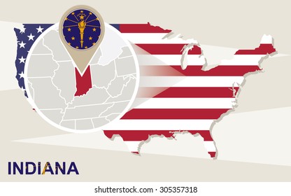USA map with magnified Indiana State. Indiana flag and map.