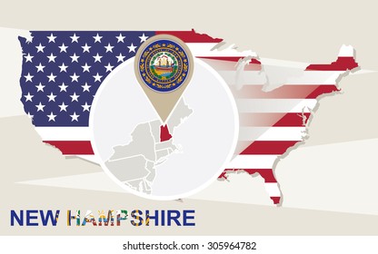 USA map with magnified New Hampshire State. New Hampshire flag and map.