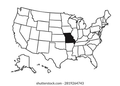 USA map with Missouri state shaded black, indicating geographic location and boundary