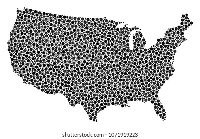 USA Map mosaic of small circles in different sizes and color tinges. Small circles are united into usa map vector illustration. Dotted vector design concept.