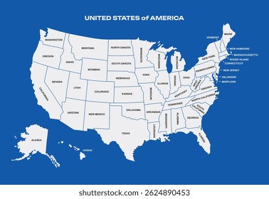 USA Map with name States. Poster map of United States of America. Infographic graphic design print map of USA states on Blue background