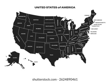Mapa de Estados Unidos con nombre Estados. Mapa de carteles de Estados Unidos. Infografía Diseño gráfico de Estados Unidos sobre fondo blanco