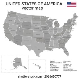 USA map with names of states and capitals. Vector illustration. Correct shapes and state boundaries.