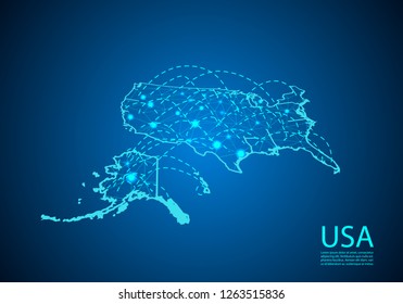 USA map with nodes linked by lines. concept of global communication and business. Dark American map created from white dots with travel locations or internet connection.