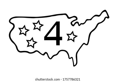 USA map with number of July 4 and stars in ink Isolated on white background, Independence day. Hand drawn vector decorative element for invitation and decoration, postcard, flyer, banner or website
