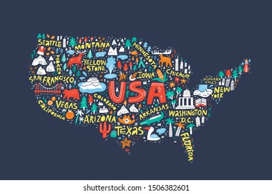 USA map on dark blue background flat illustration. United States of America infographic with cities, landmarks names doodle cliparts. Travel destinations and routes cartoon drawing. Postcard design