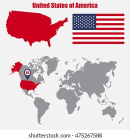 USA map on a world map with flag and map pointer. Vector illustration